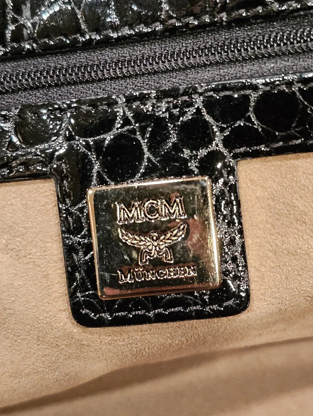 MCM Diamond Pattern Multicolor Croc Embossed Patent and Snakeskin Boston Bag